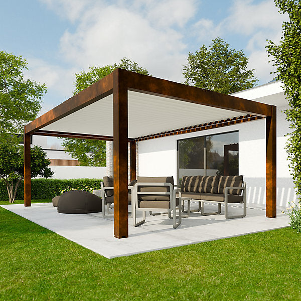 Pergola bioclimatique autoportante motorisée aluminium  4 x 6 m coloris rouille lames blanches avec LED