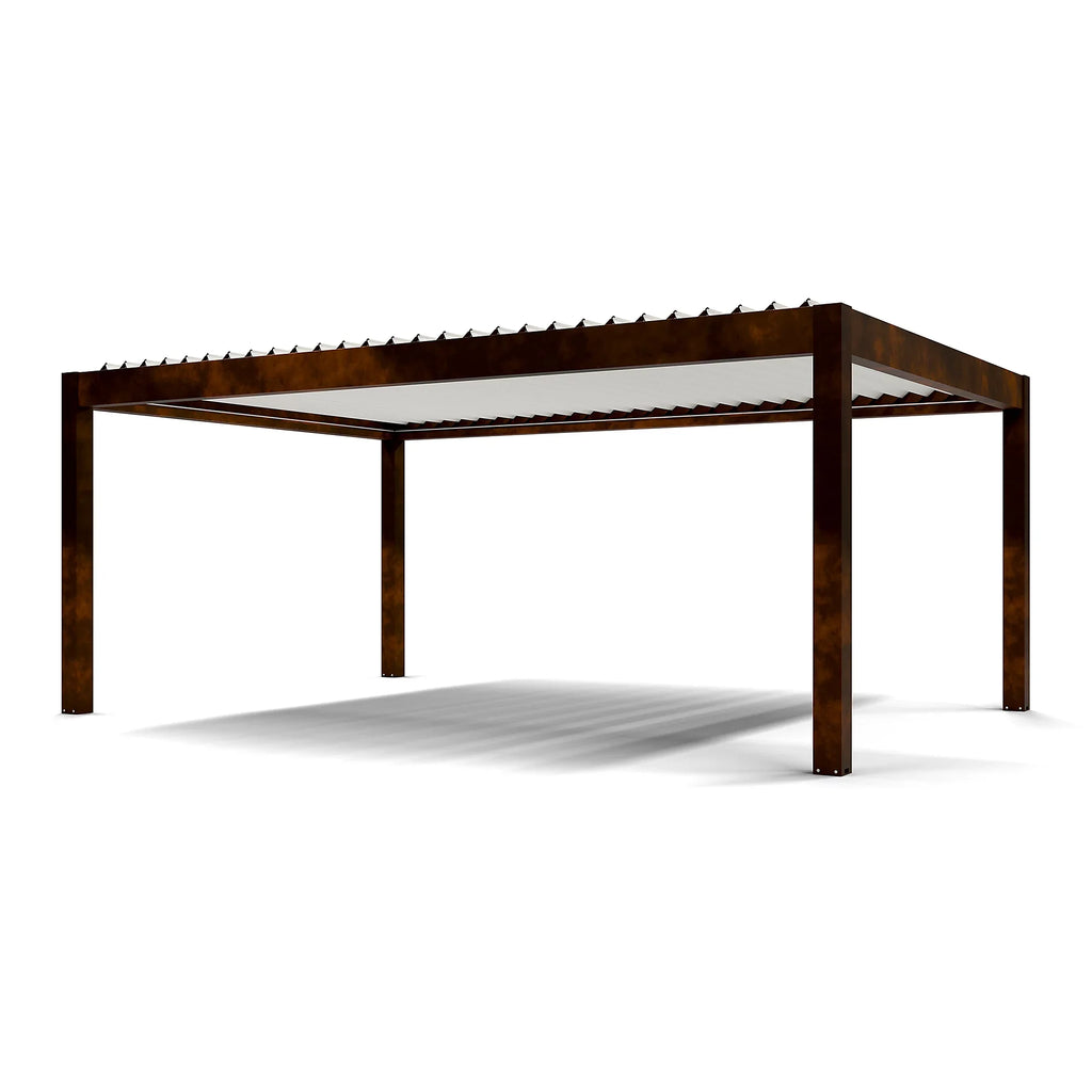 Pergola bioclimatique autoportante motorisée aluminium  4 x 6 m coloris rouille lames blanches avec LED
