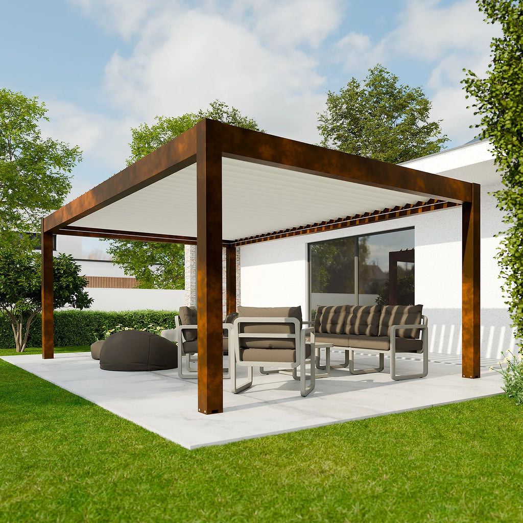 Pergola bioclimatique autoportante motorisée aluminium  4 x 6 m coloris rouille lames blanches avec LED
