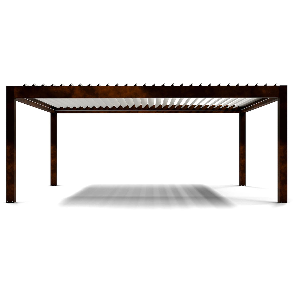 Pergola bioclimatique autoportante motorisée aluminium  4 x 6 m coloris rouille lames blanches avec LED