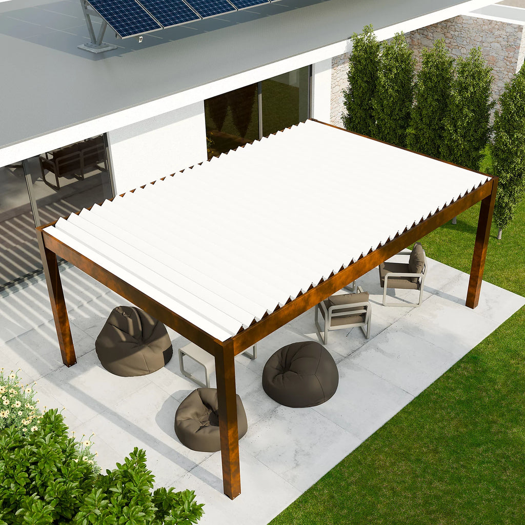 Pergola bioclimatique autoportante motorisée aluminium  4 x 6 m coloris rouille lames blanches avec LED