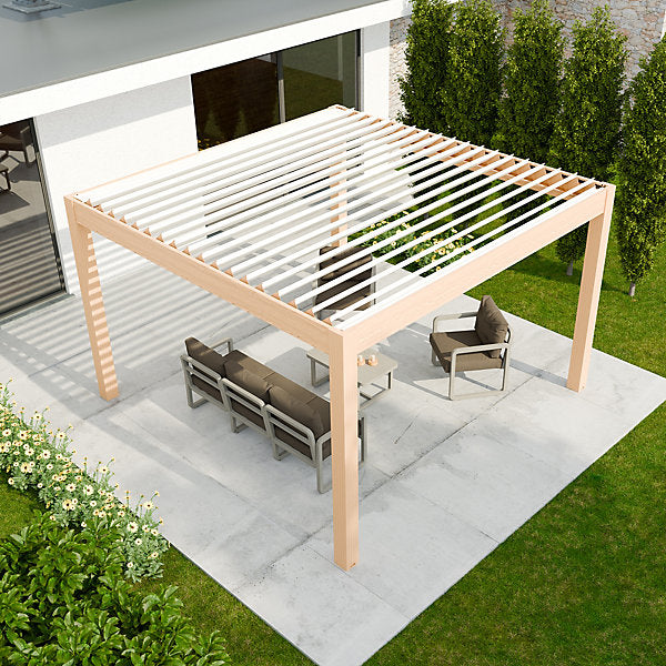 Pergola bioclimatique autoportante motorisée aluminium 4 x 6 m coloris chêne clair avec LED