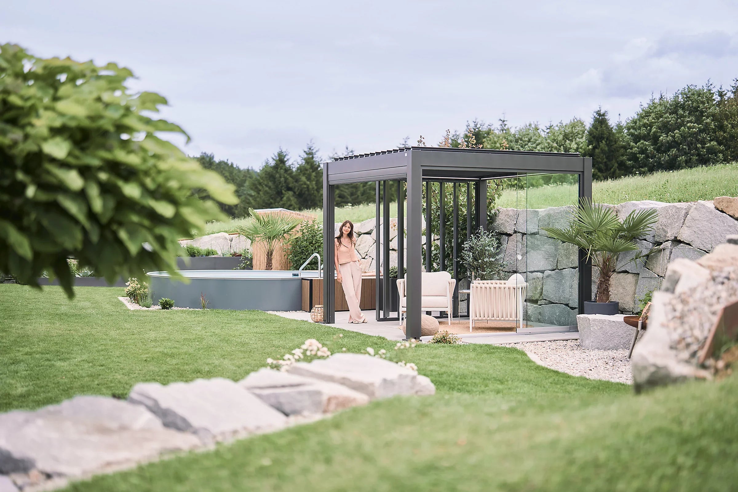 Paroi coulissante latérale pour pergola bioclimatique en verre, gris quartz 3m