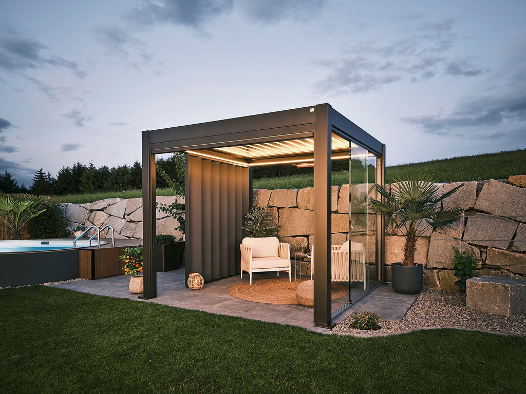 Paroi coulissante latérale pour pergola bioclimatique en verre, gris quartz 3m