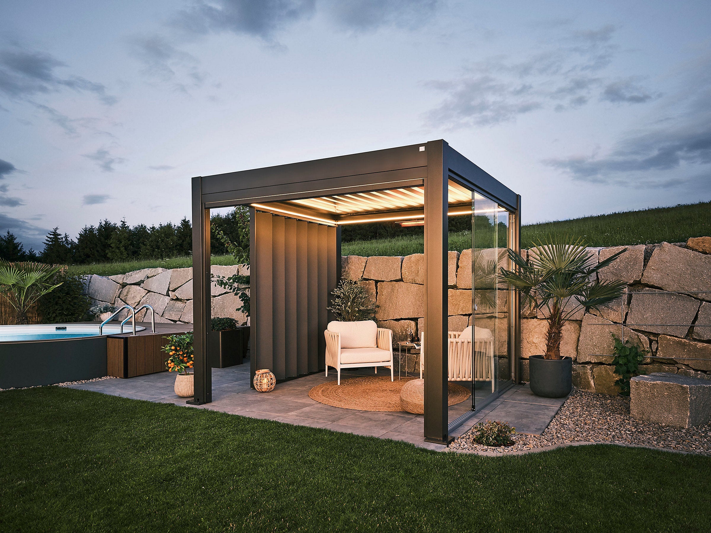Paroi coulissante latérale pour pergola bioclimatique en verre, gris quartz 3m