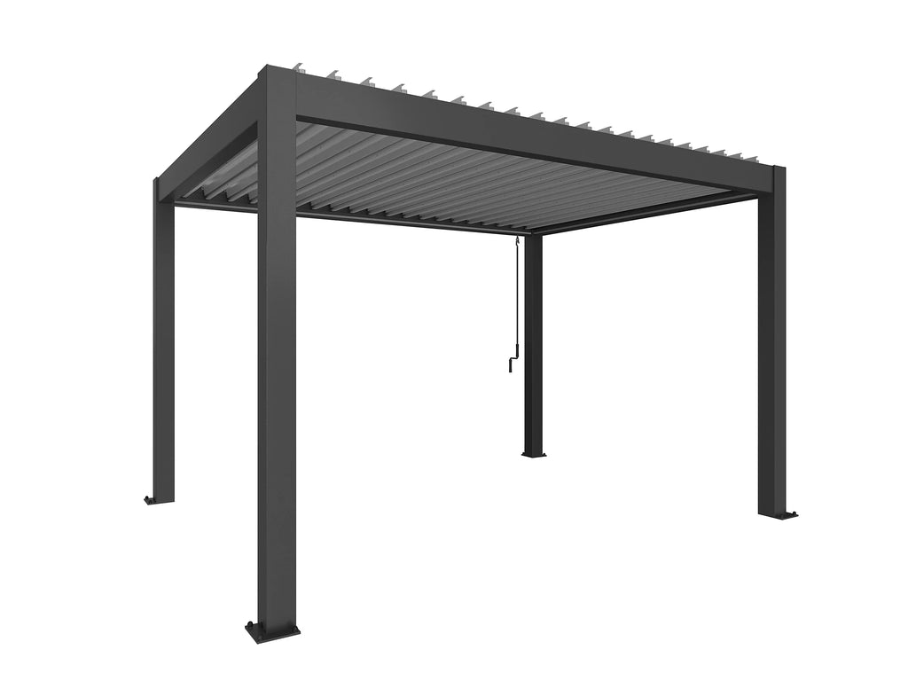 Pergola bioclimatique autoportée aluminium gris métallique toit en argent Biohort 4 x 3 m