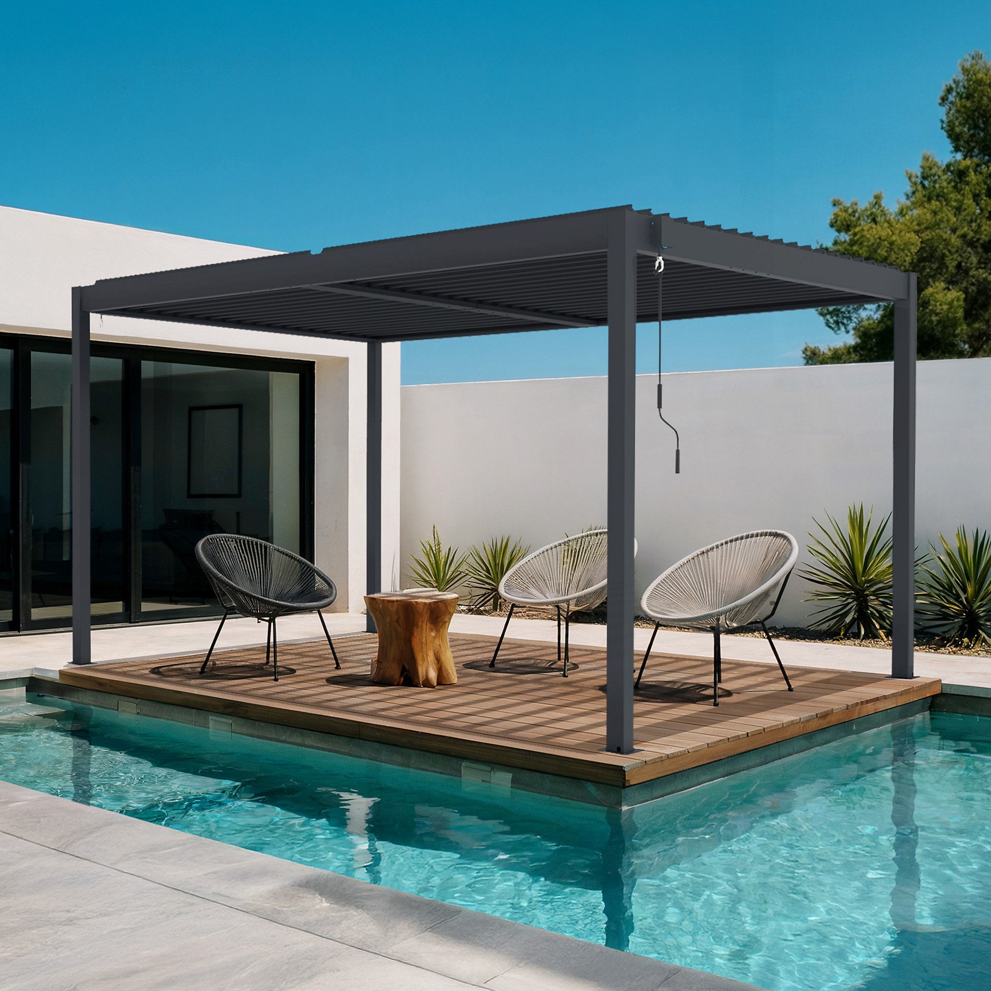 Pergola bioclimatique autoportée 4x3m aluminium gris - Lames orientables
