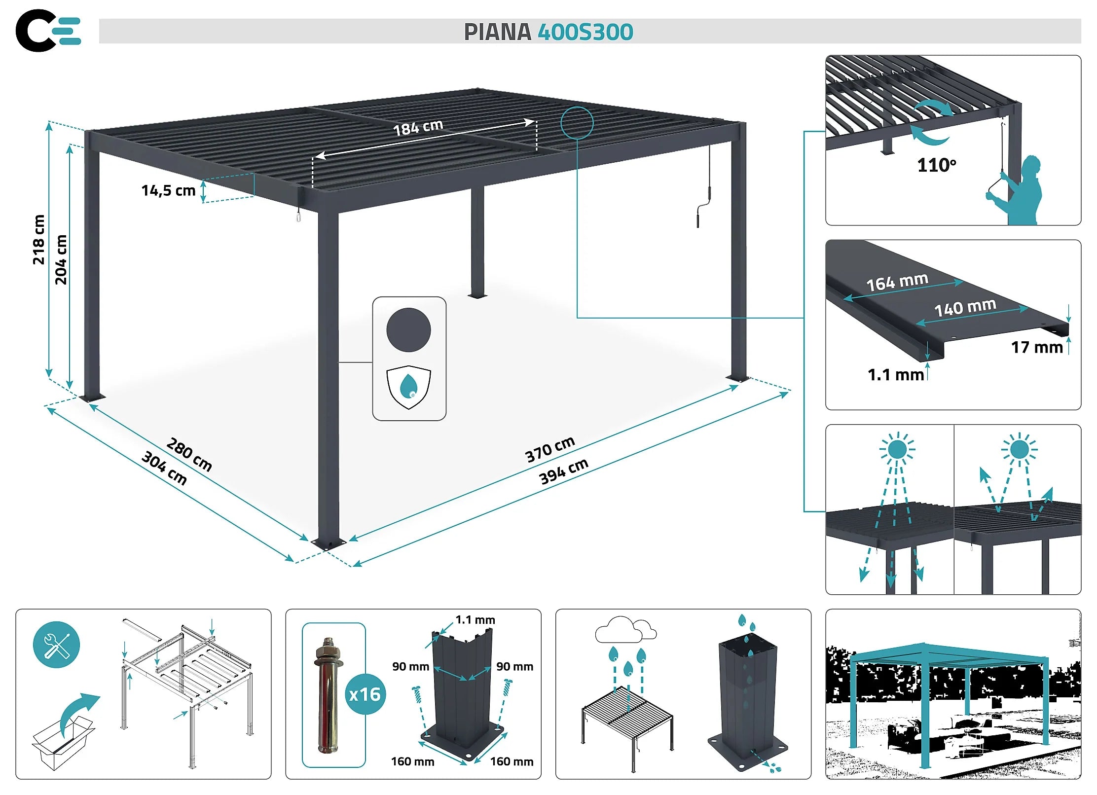 Pergola bioclimatique autoportée 4x3m aluminium gris - Lames orientables
