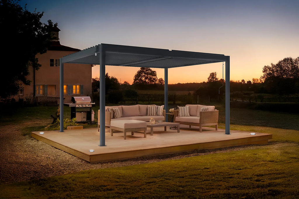 Pergola bioclimatique autoportée 4x3m aluminium gris - Lames orientables
