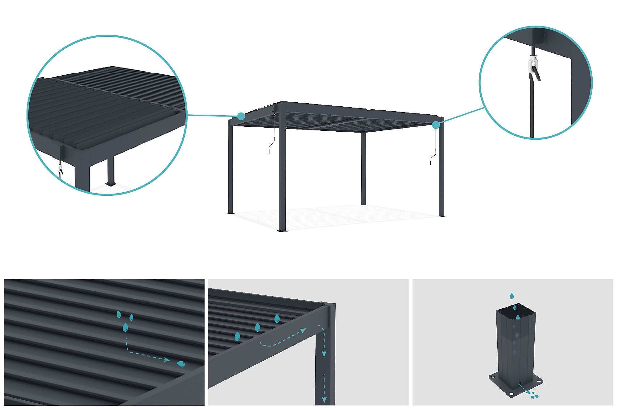 Pergola bioclimatique autoportée 4x3m aluminium gris - Lames orientables