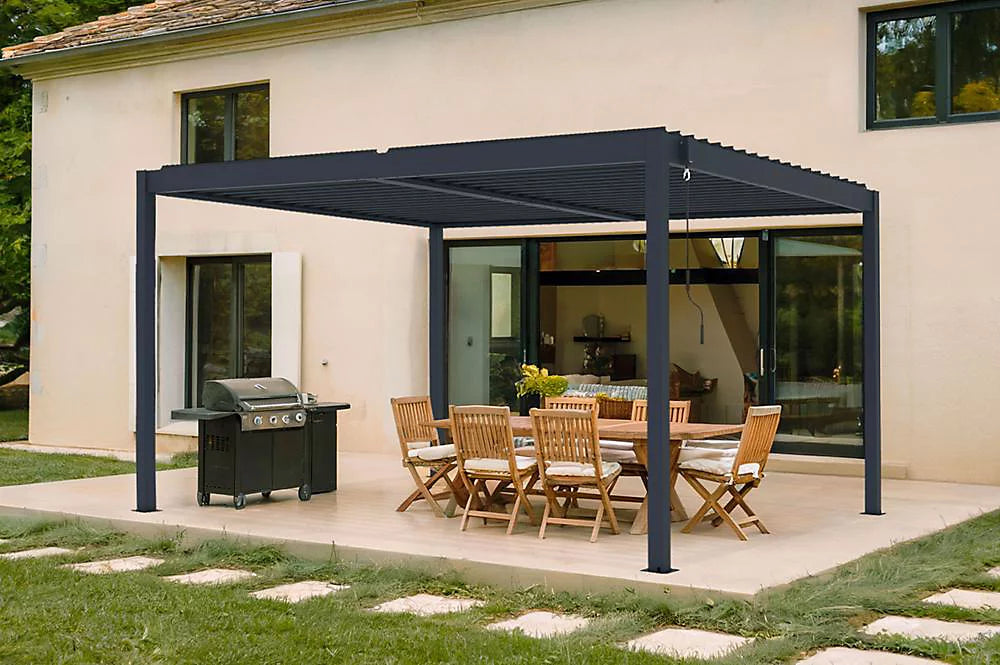 Pergola bioclimatique autoportée 4x3m aluminium gris - Lames orientables