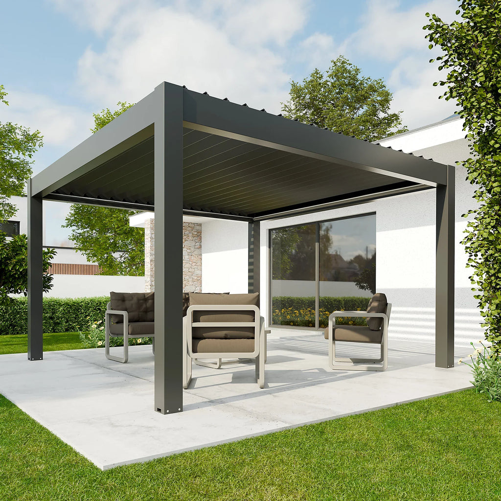 Pergola bioclimatique autoportante motorisée aluminium 4 x 4 m gris anthracite 7016 avec LED