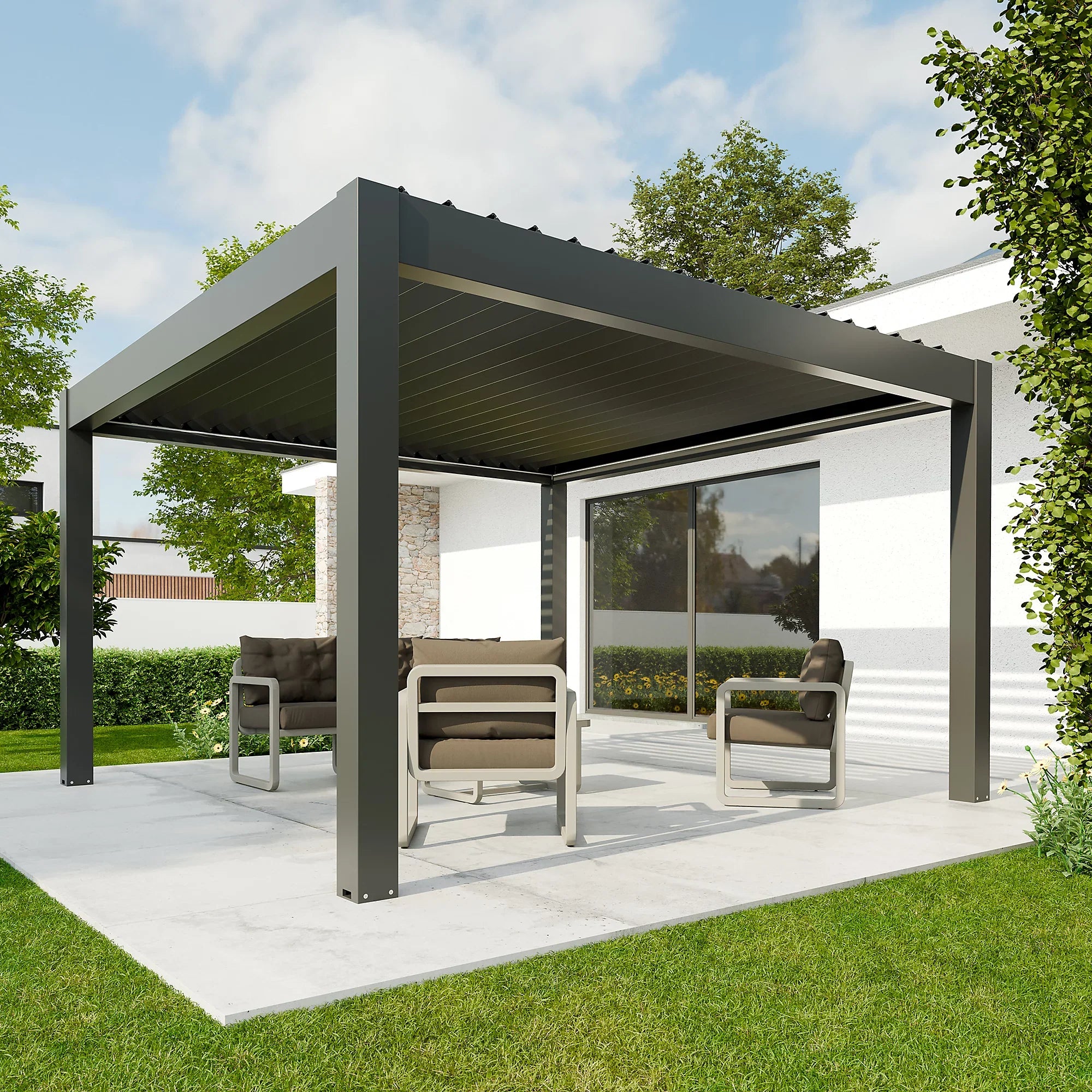Pergola bioclimatique autoportante motorisée aluminium 4 x 4 m gris anthracite 7016 avec LED