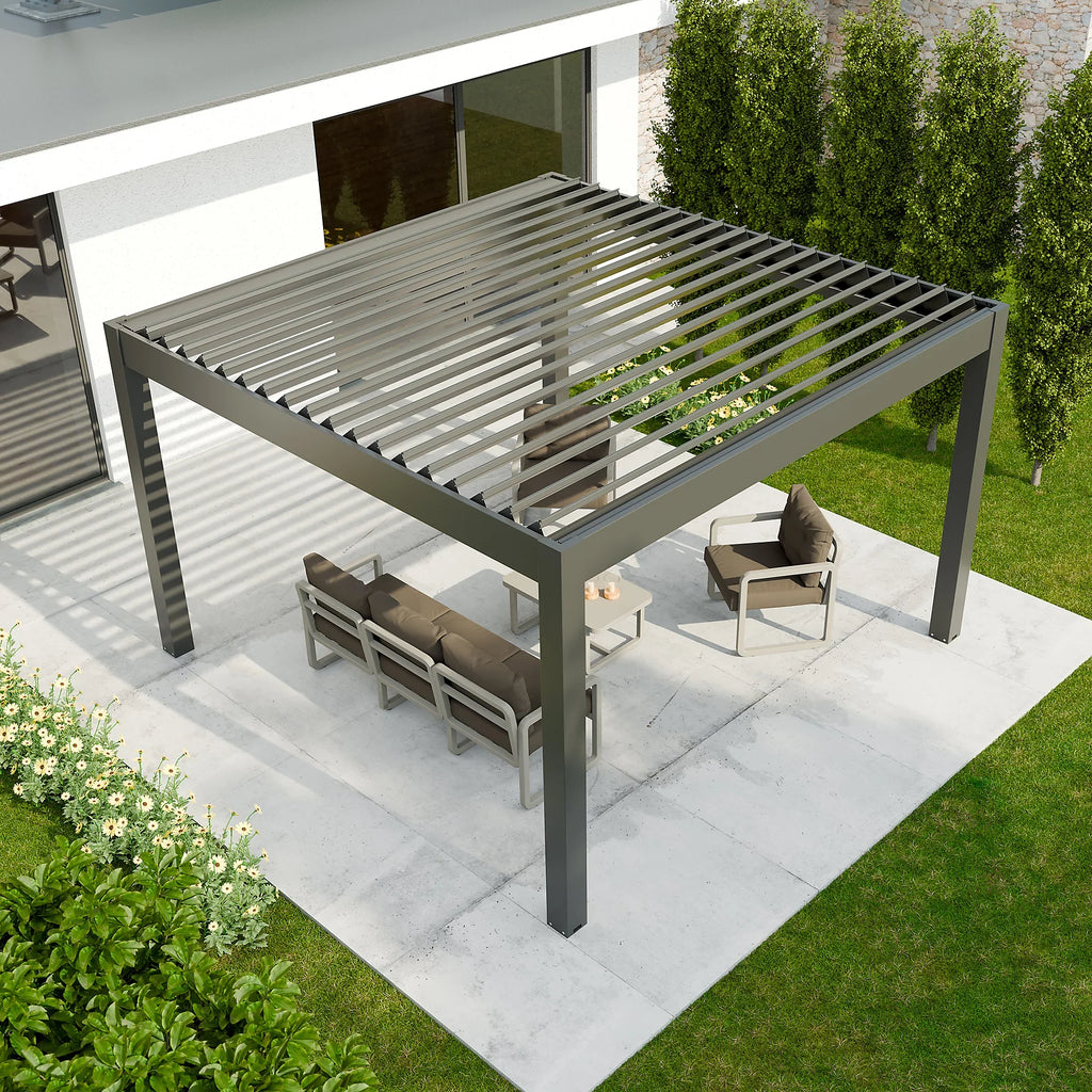 Pergola bioclimatique autoportante motorisée aluminium 4 x 4 m gris anthracite 7016 avec LED