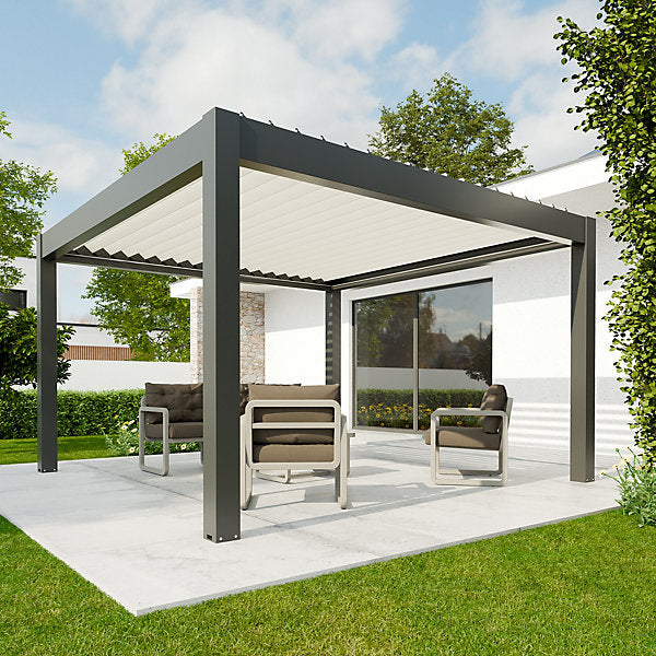 Pergola bioclimatique autoportante motorisée aluminium 4 x 4 m gris anthracite 7016 lames blanches avec LED