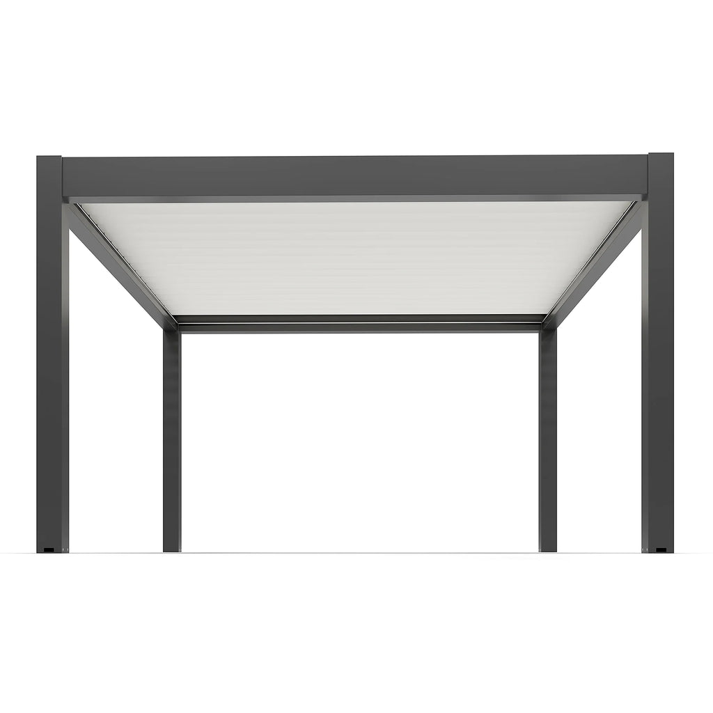 Pergola bioclimatique autoportante motorisée aluminium 4 x 4 m gris anthracite 7016 lames blanches avec LED