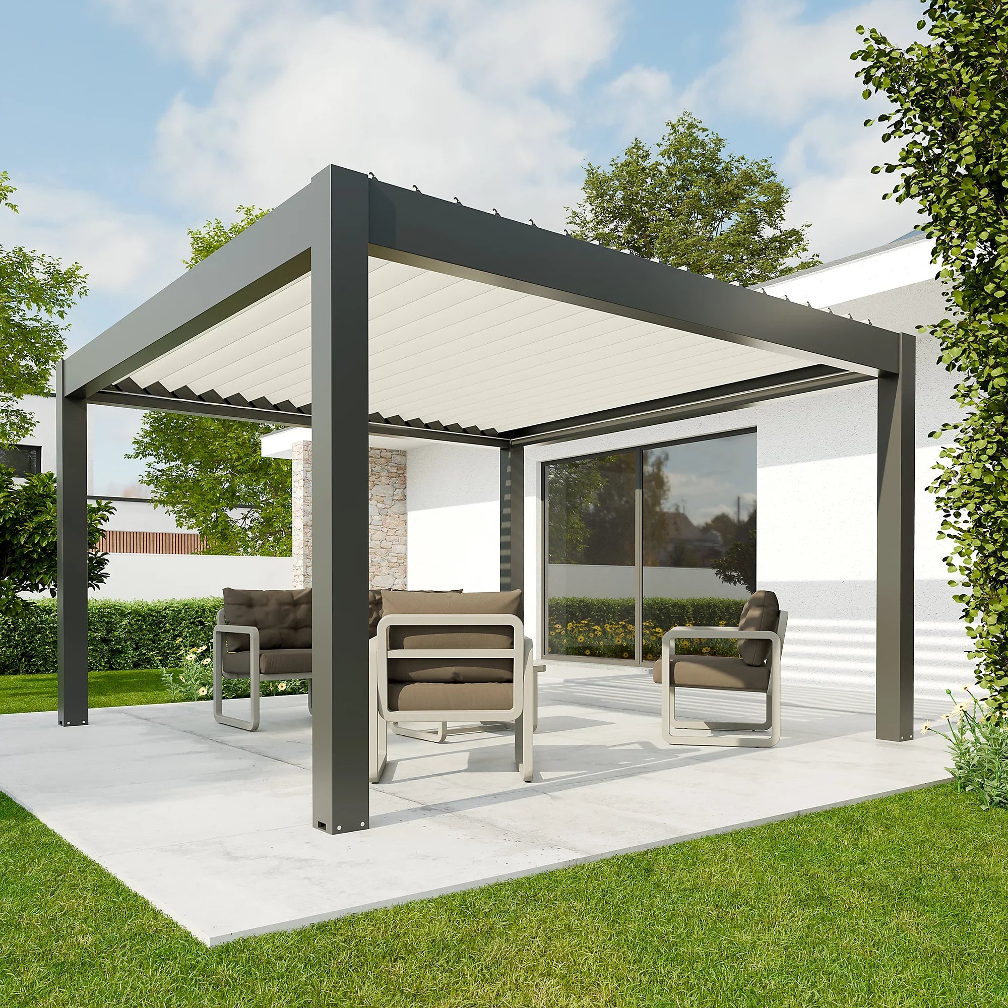Pergola bioclimatique autoportante motorisée aluminium 4 x 4 m gris anthracite 7016 lames blanches avec LED