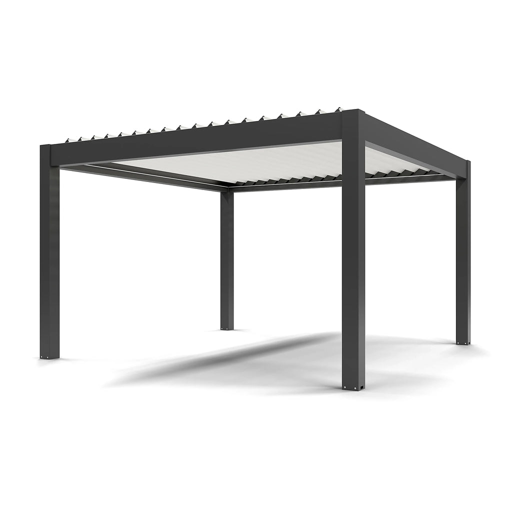 Pergola bioclimatique autoportante motorisée aluminium 4 x 4 m gris anthracite 7016 lames blanches avec LED
