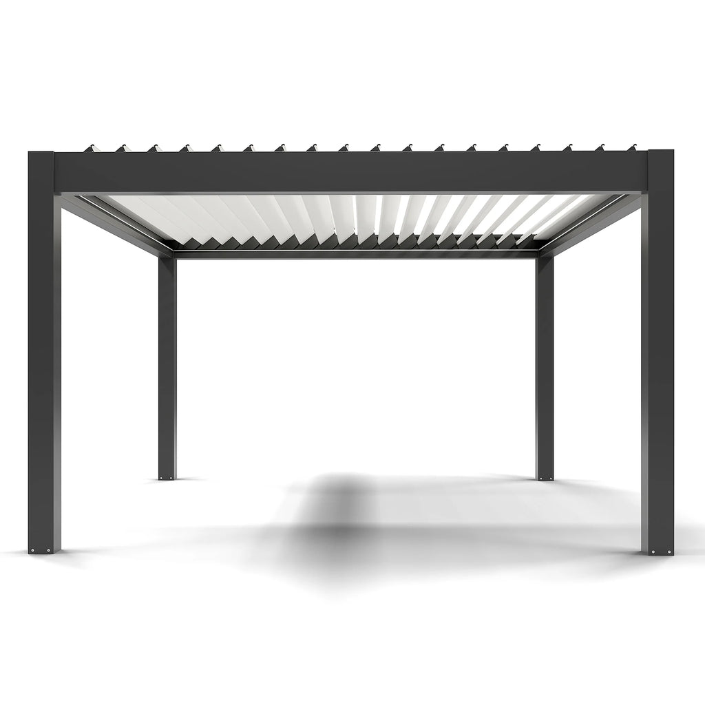 Pergola bioclimatique autoportante motorisée aluminium 4 x 4 m gris anthracite 7016 lames blanches avec LED