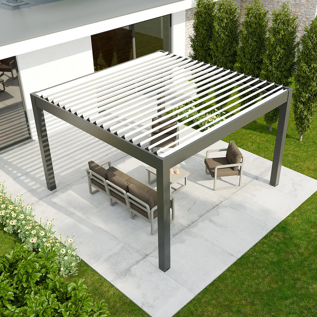 Pergola bioclimatique autoportante motorisée aluminium 4 x 4 m gris anthracite 7016 lames blanches avec LED