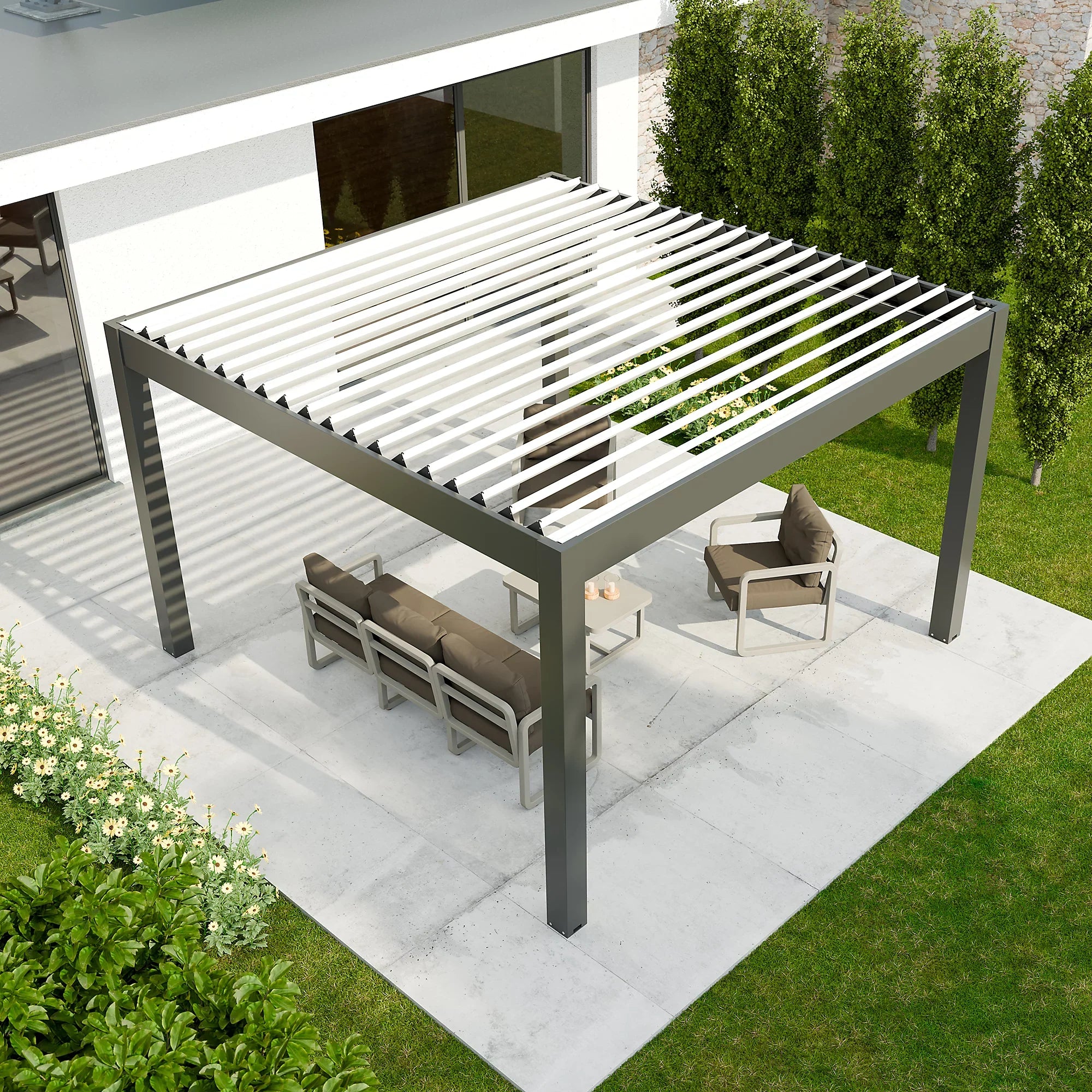Pergola bioclimatique autoportante motorisée aluminium 4 x 4 m gris anthracite 7016 lames blanches avec LED