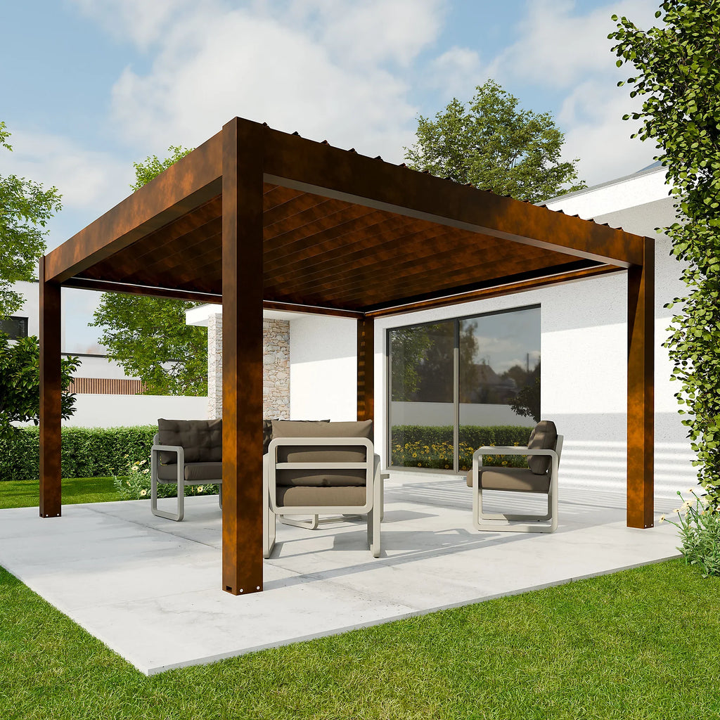 Pergola bioclimatique autoportante motorisée aluminium 4 x 4 m coloris rouille avec LED