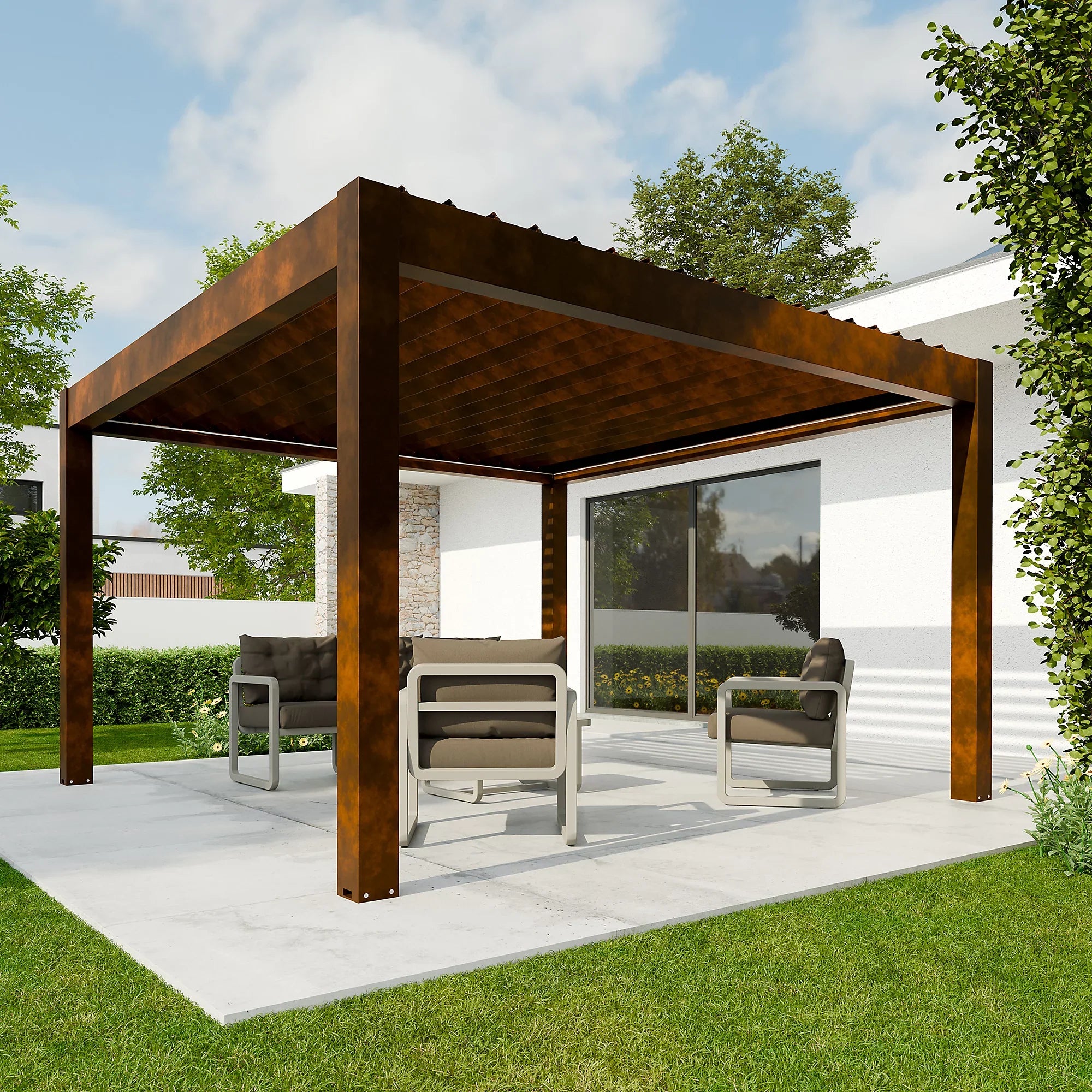 Pergola bioclimatique autoportante motorisée aluminium 4 x 4 m coloris rouille avec LED