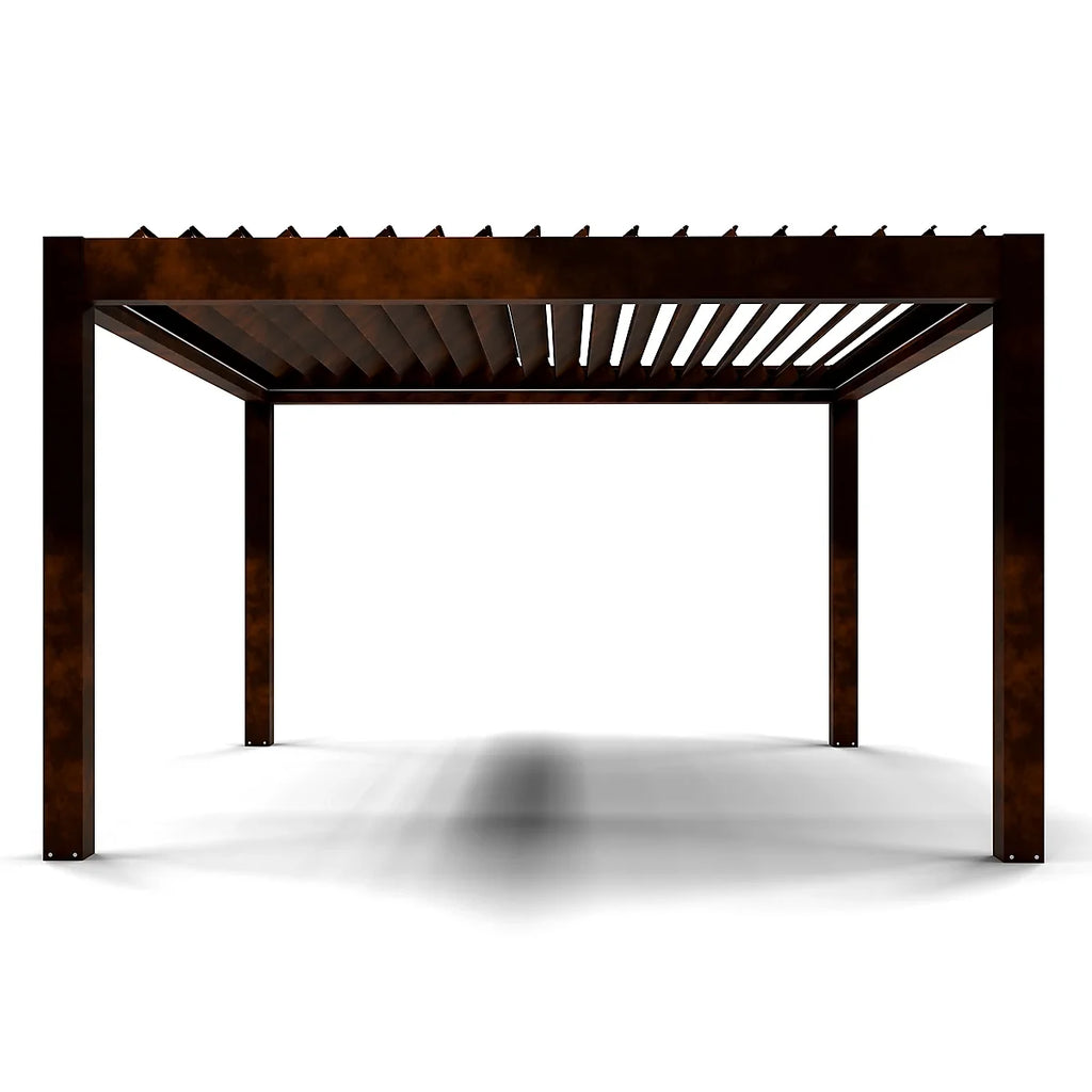 Pergola bioclimatique autoportante motorisée aluminium 4 x 4 m coloris rouille avec LED