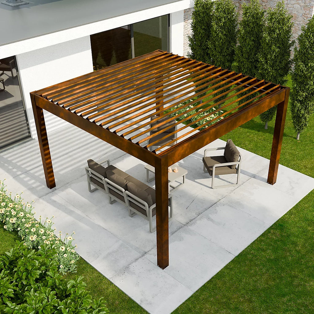 Pergola bioclimatique autoportante motorisée aluminium 4 x 4 m coloris rouille avec LED