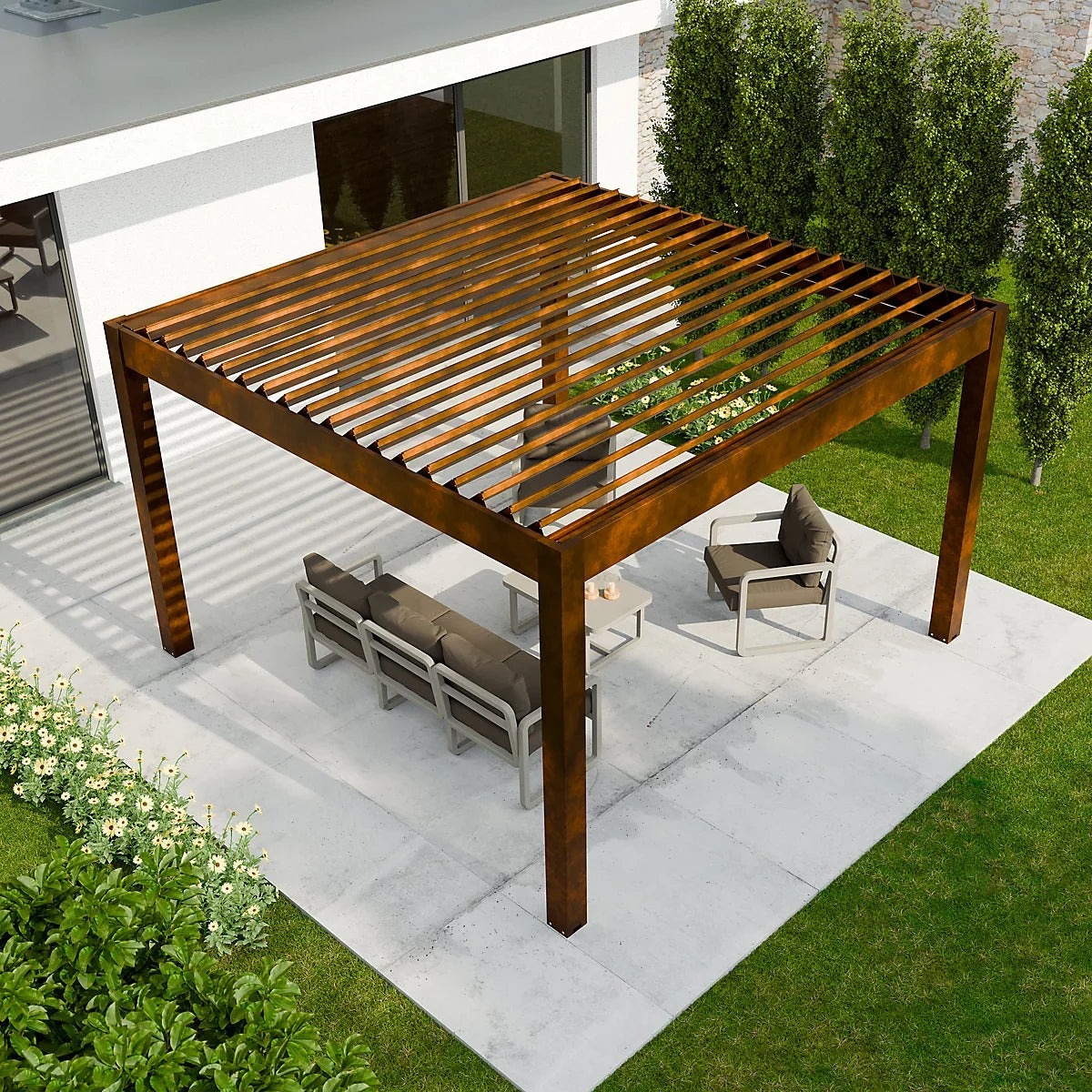 Pergola bioclimatique autoportante motorisée aluminium 4 x 4 m coloris rouille avec LED