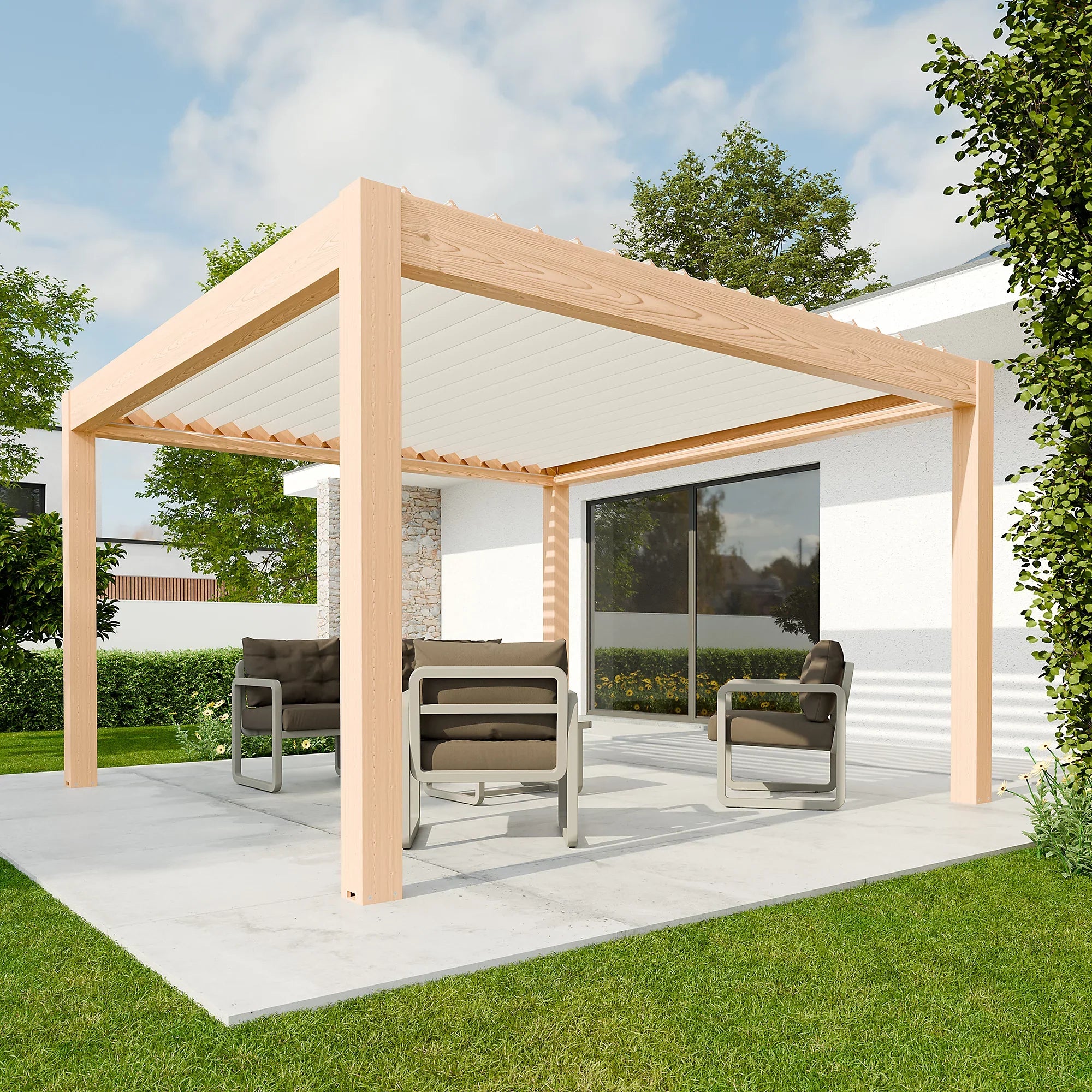 Pergola bioclimatique autoportante motorisée aluminium 4 x 4 m coloris chêne clair lames blanches avec LED