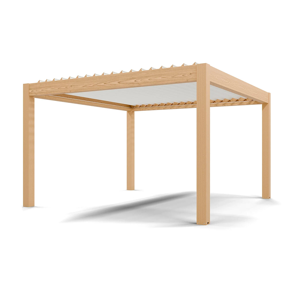 Pergola bioclimatique autoportante motorisée aluminium 4 x 4 m coloris chêne clair lames blanches avec LED