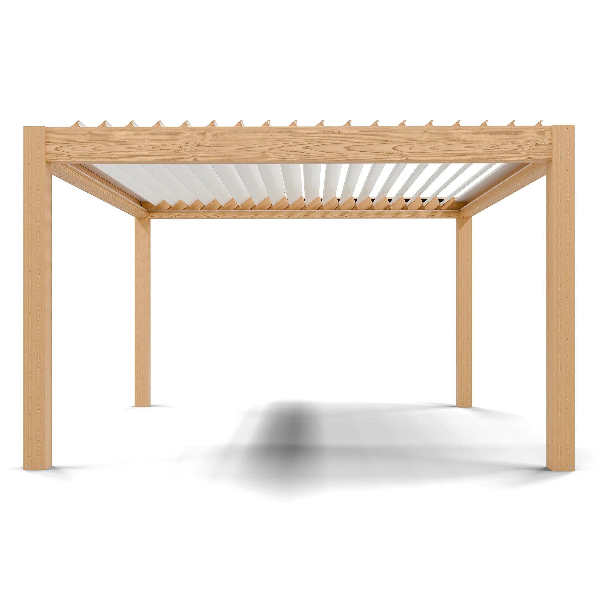 Pergola bioclimatique autoportante motorisée aluminium 4 x 4 m coloris chêne clair lames blanches avec LED