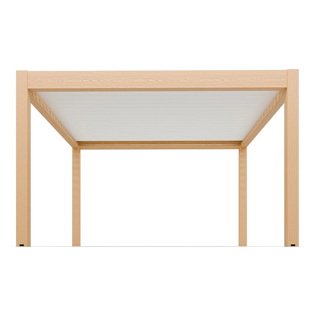 Pergola bioclimatique autoportante motorisée aluminium 4 x 4 m coloris chêne clair lames blanches avec LED
