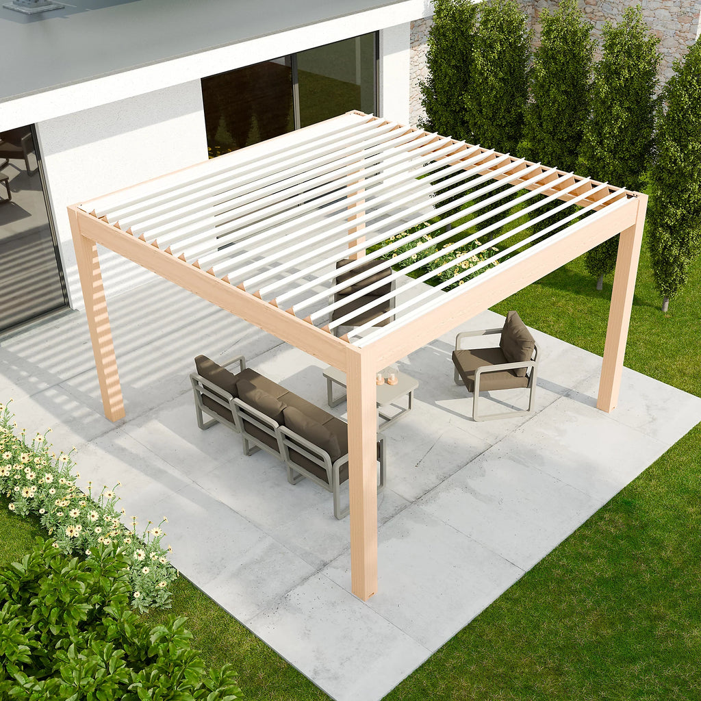 Pergola bioclimatique autoportante motorisée aluminium 4 x 4 m coloris chêne clair lames blanches avec LED