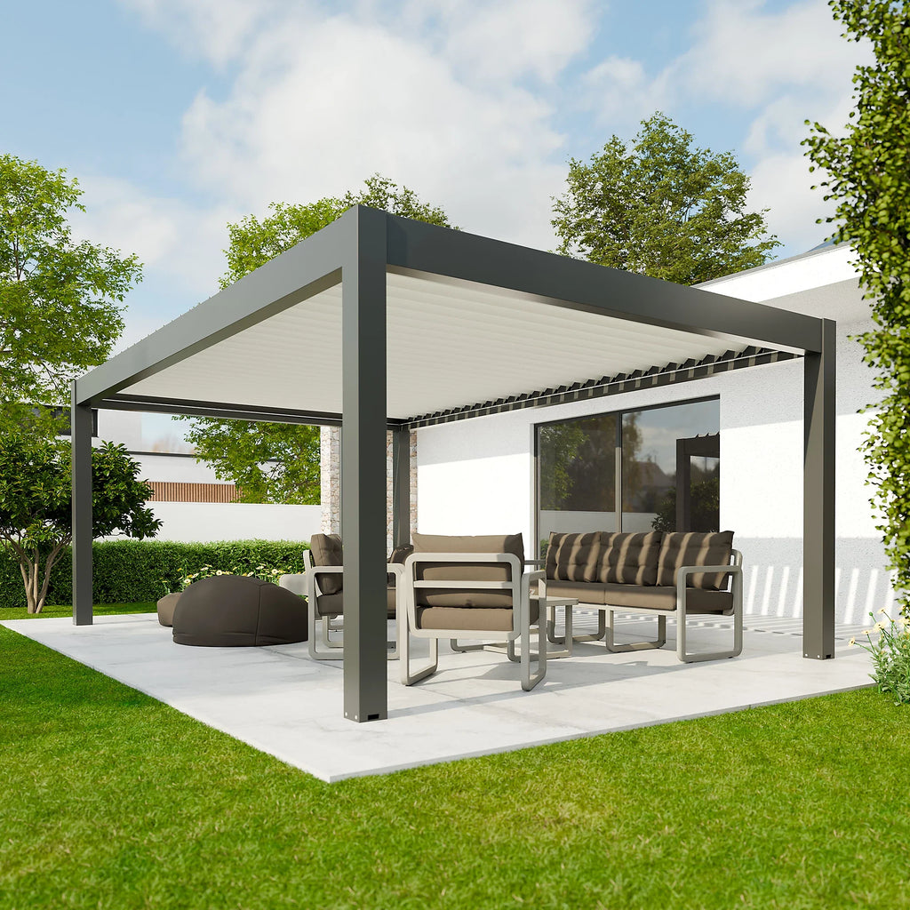 Pergola bioclimatique autoportante motorisée aluminium  4 x 6 m gris anthracite 7016 lames blanches avec LED