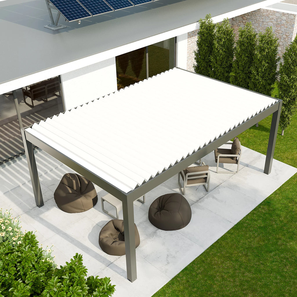Pergola bioclimatique autoportante motorisée aluminium  4 x 6 m gris anthracite 7016 lames blanches avec LED
