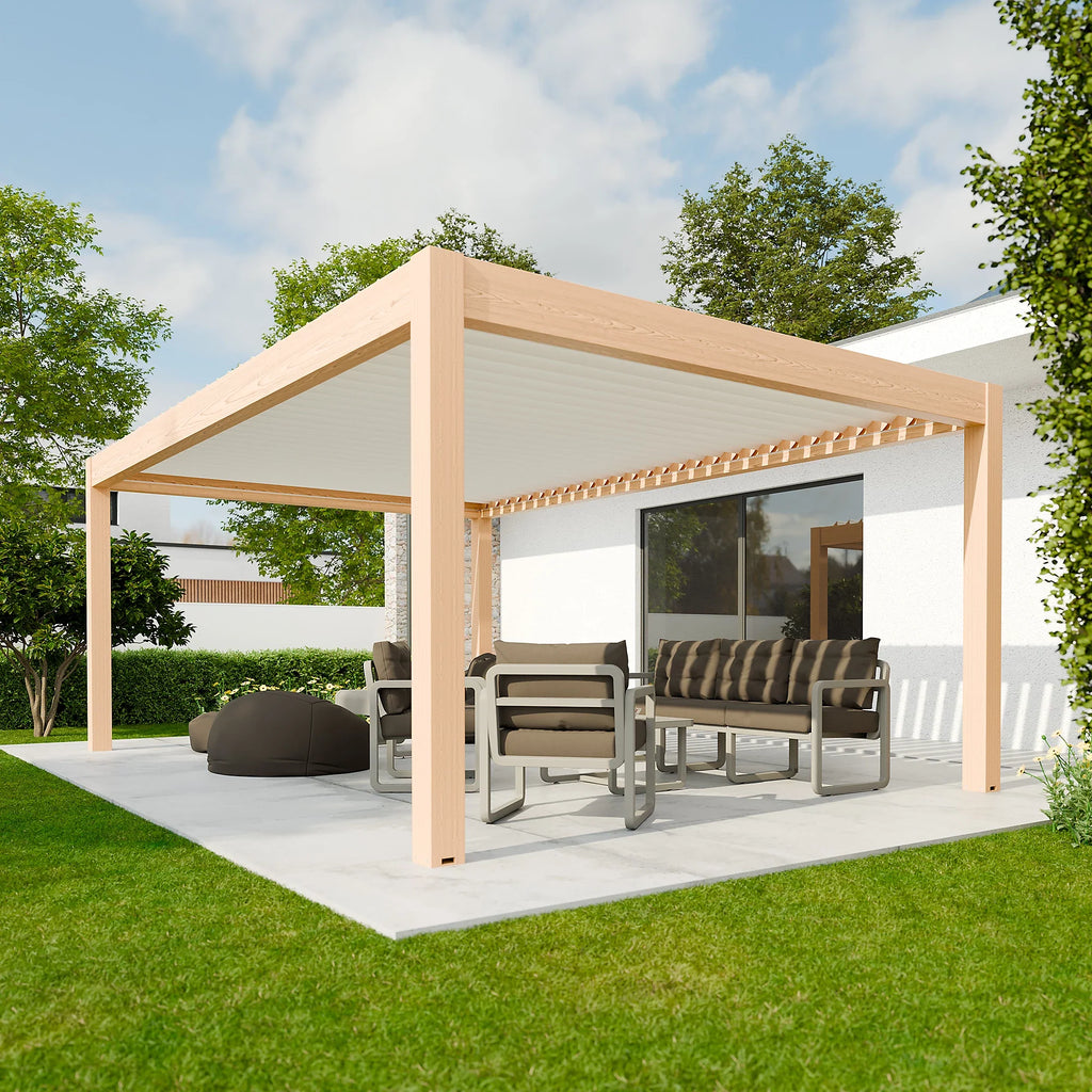 Pergola bioclimatique autoportante motorisée aluminium  4 x 6 m coloris chêne clair lames blanches avec LED