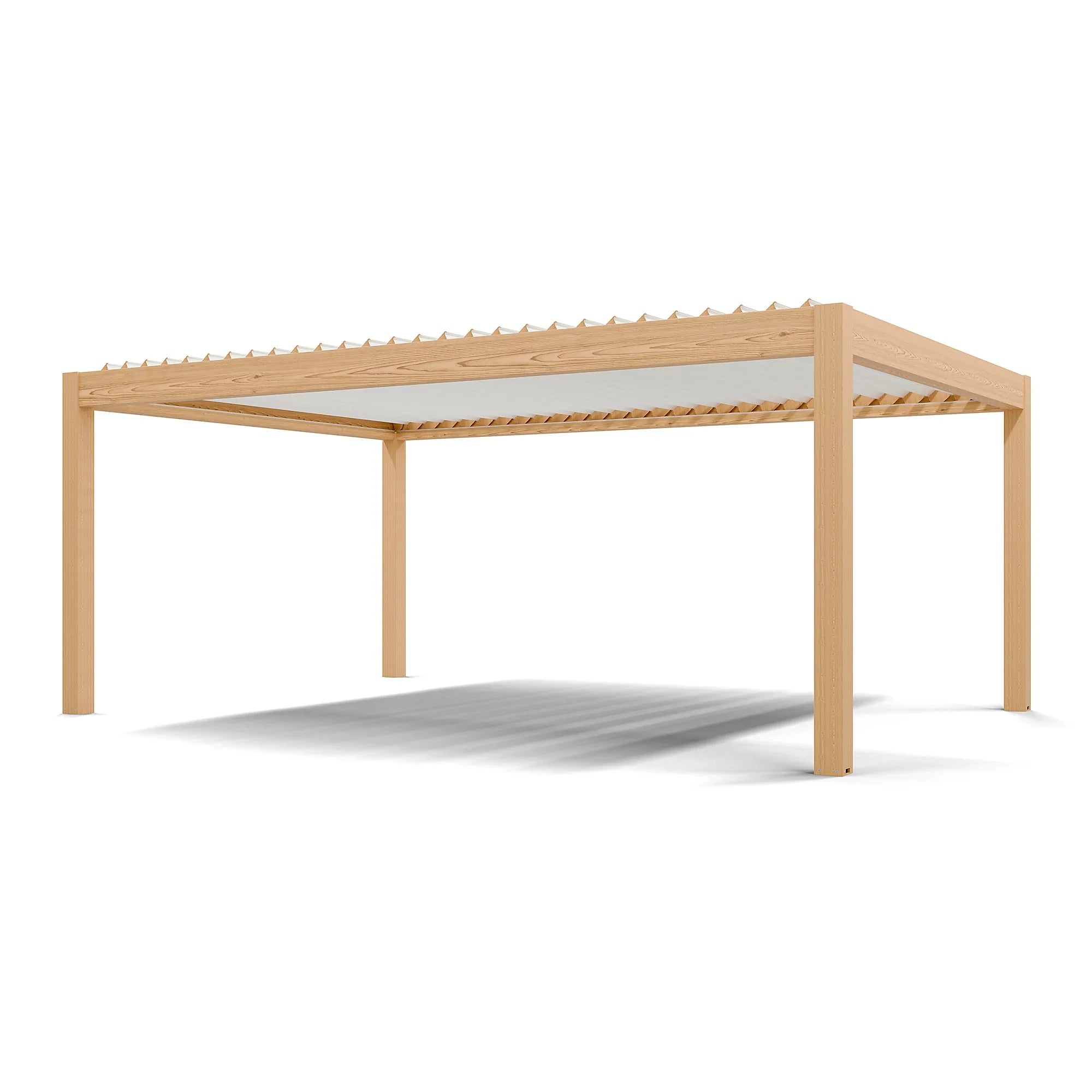 Pergola bioclimatique autoportante motorisée aluminium  4 x 6 m coloris chêne clair lames blanches avec LED
