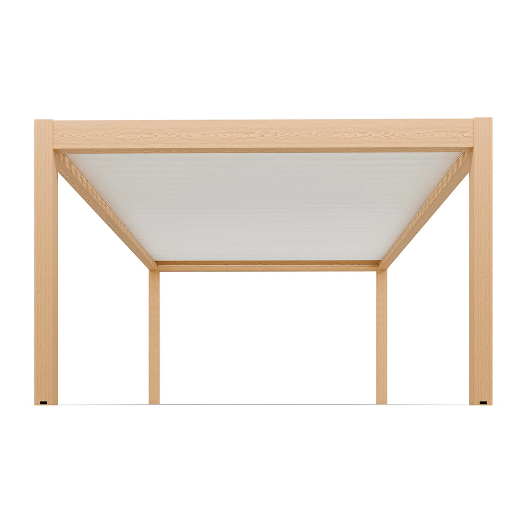 Pergola bioclimatique autoportante motorisée aluminium  4 x 6 m coloris chêne clair lames blanches avec LED