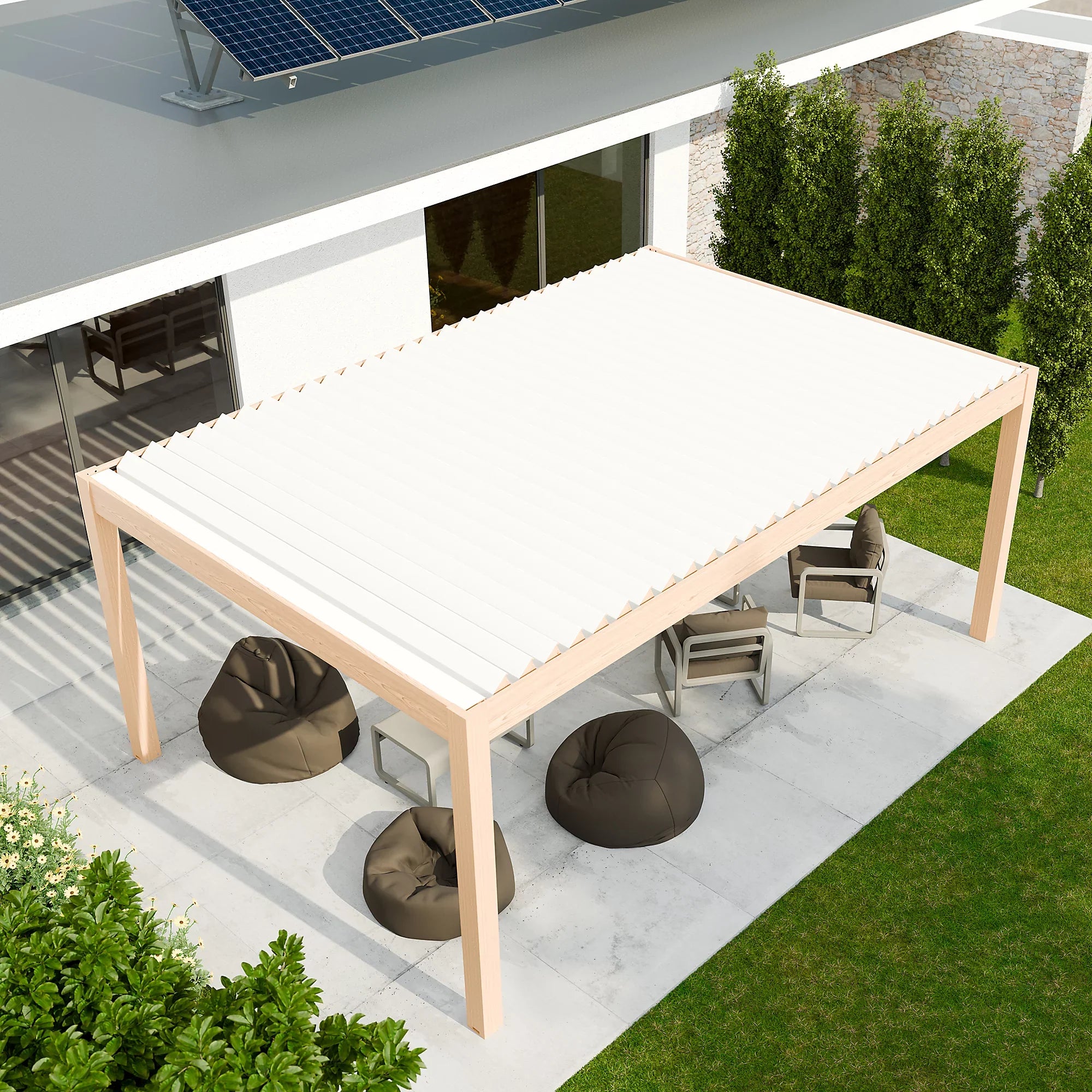 Pergola bioclimatique autoportante motorisée aluminium  4 x 6 m coloris chêne clair lames blanches avec LED